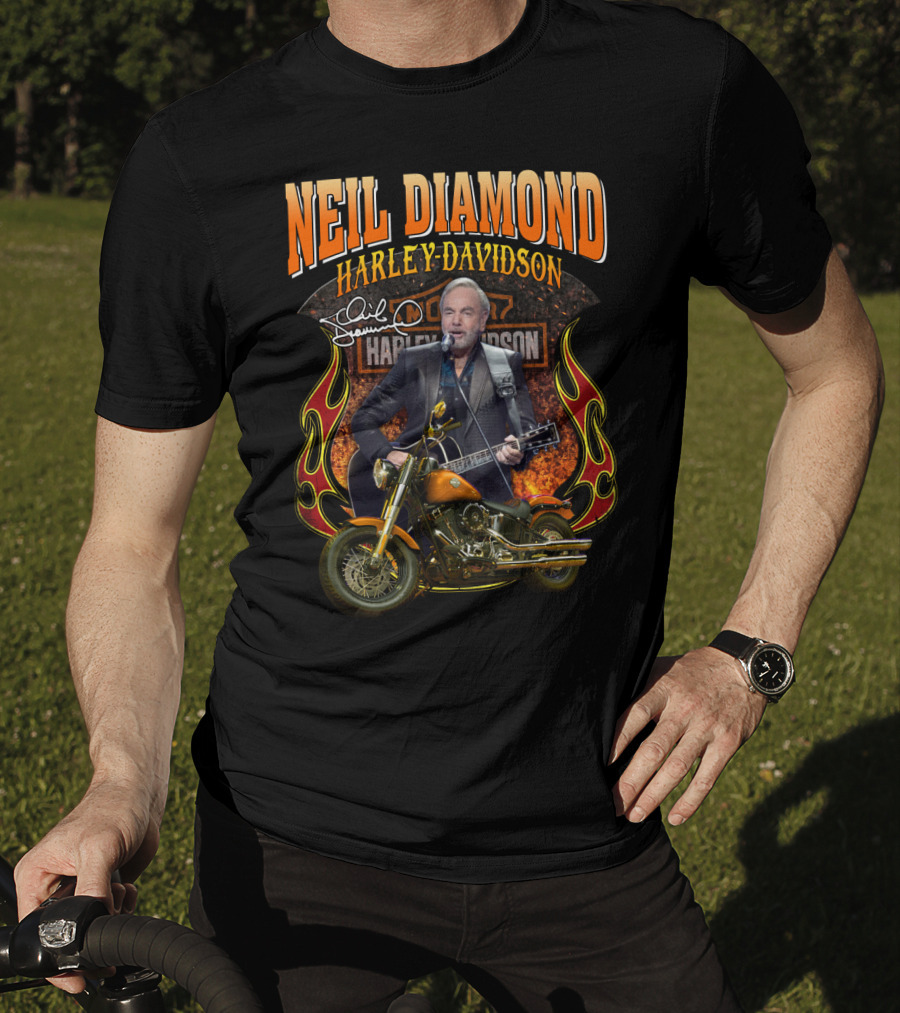 Neil Diamond Harley Davidson Motorcycle Flames Signature T-Shirt