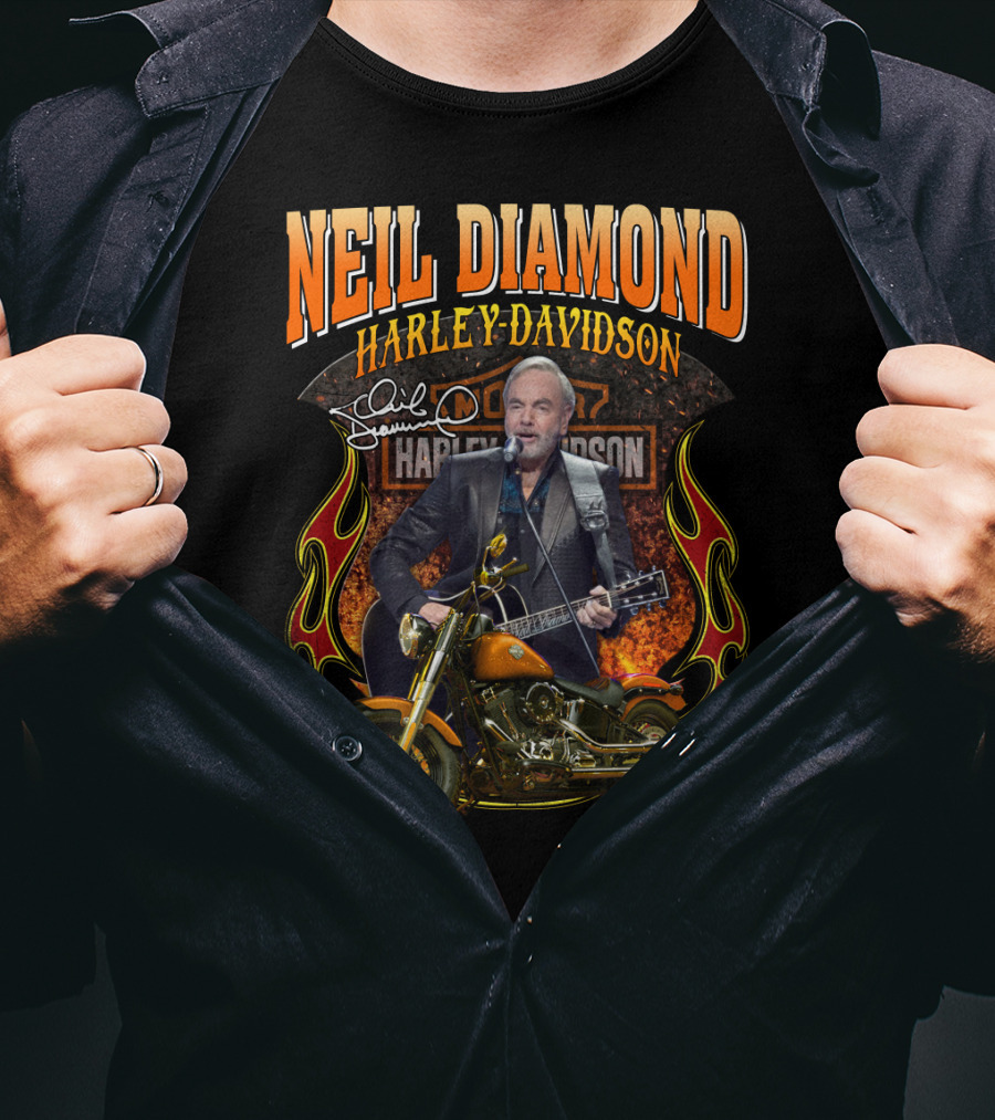 Neil Diamond Harley Davidson Motorcycle Flames Signature T-Shirt