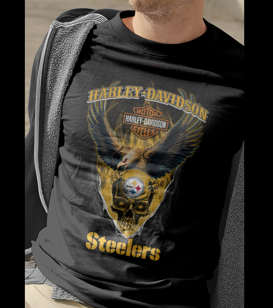 Harley Davidson Motor Cycles Steelers Skull Eagle Patch T-Shirt