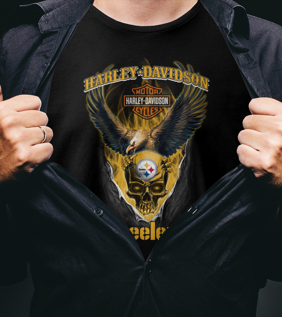 Harley Davidson Motor Cycles Steelers Skull Eagle Patch T-Shirt