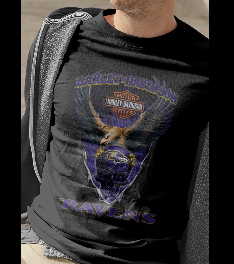 Harley Davidson Ravens Eagle Skull Baltimore Ravens T-Shirt