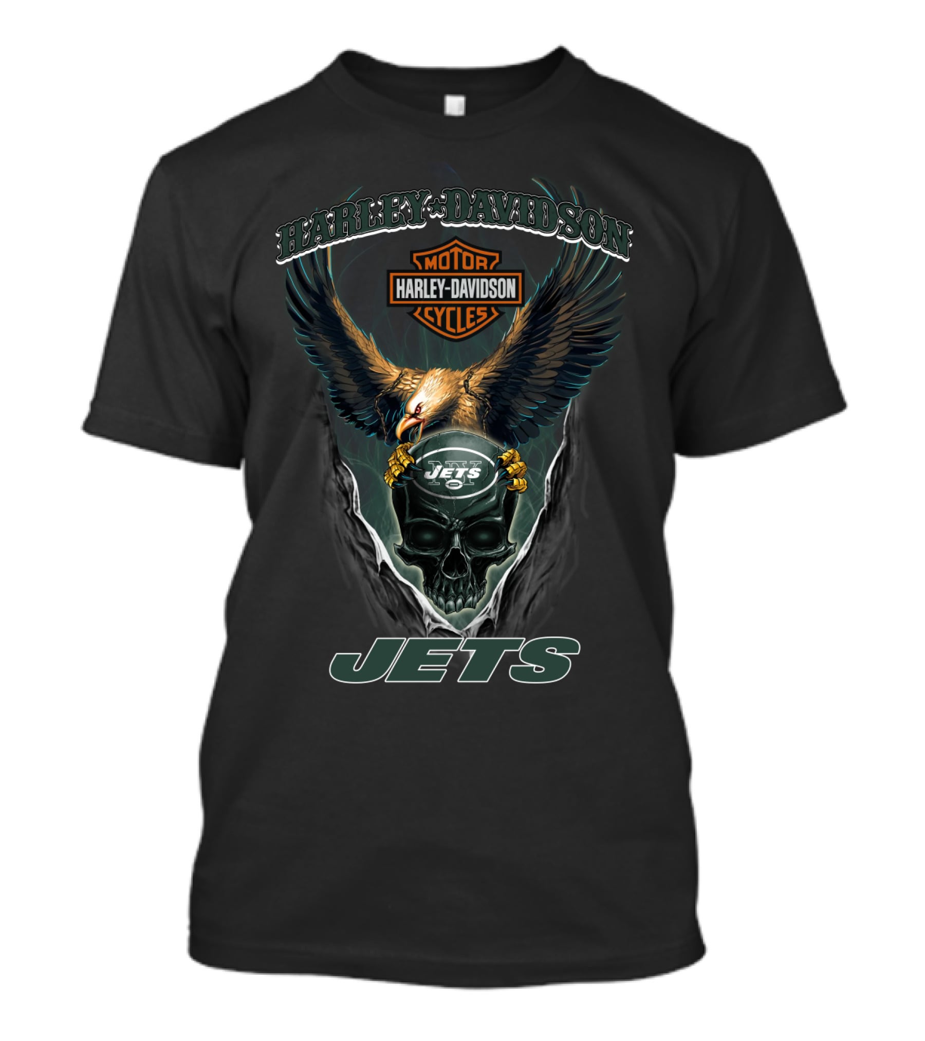 Harley Davidson Motor Cycles New York Jets Eagle Skull T-Shirt