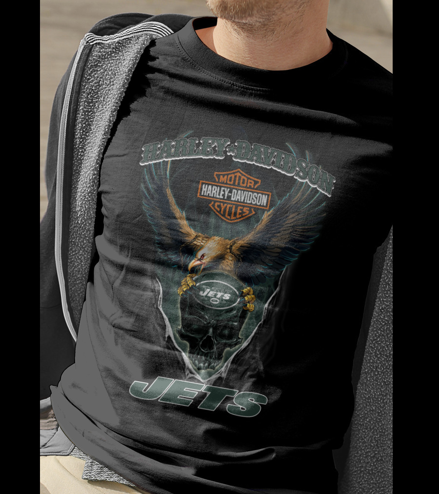 Harley Davidson Motor Cycles New York Jets Eagle Skull T-Shirt