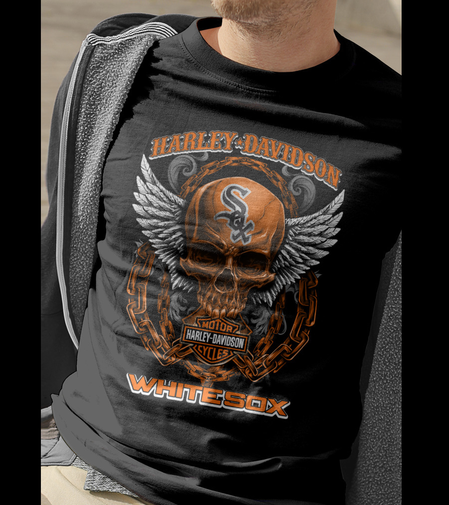 Harley Davidson Motor Cycles White Sox Skull Wings Chains T-Shirt