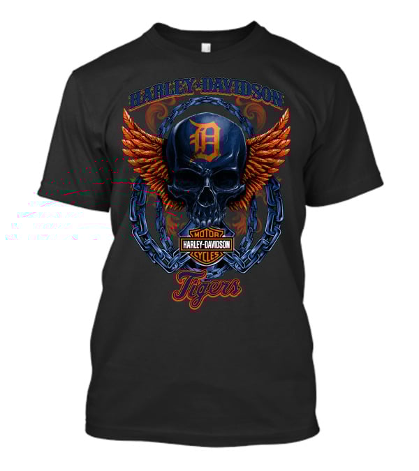 Harley Davidson Motorcycles Detroit Tigers Skull Wings T-Shirt