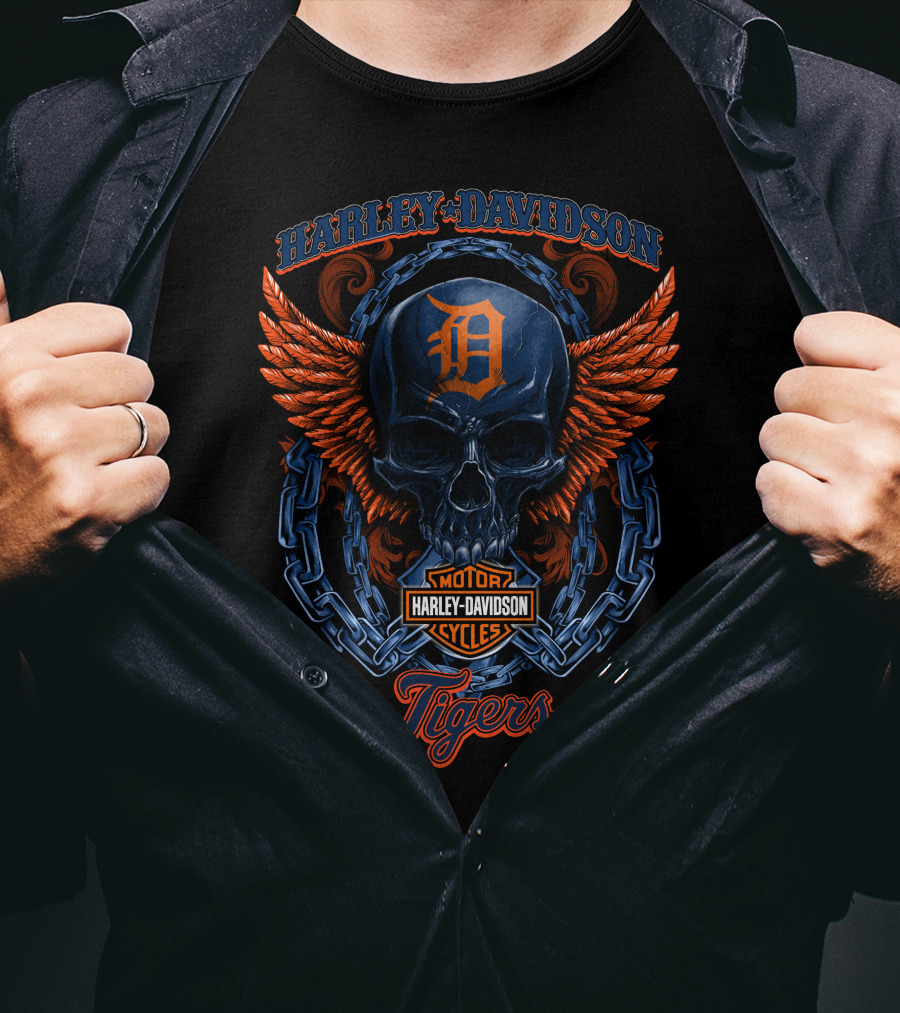 Harley Davidson Motorcycles Detroit Tigers Skull Wings T-Shirt