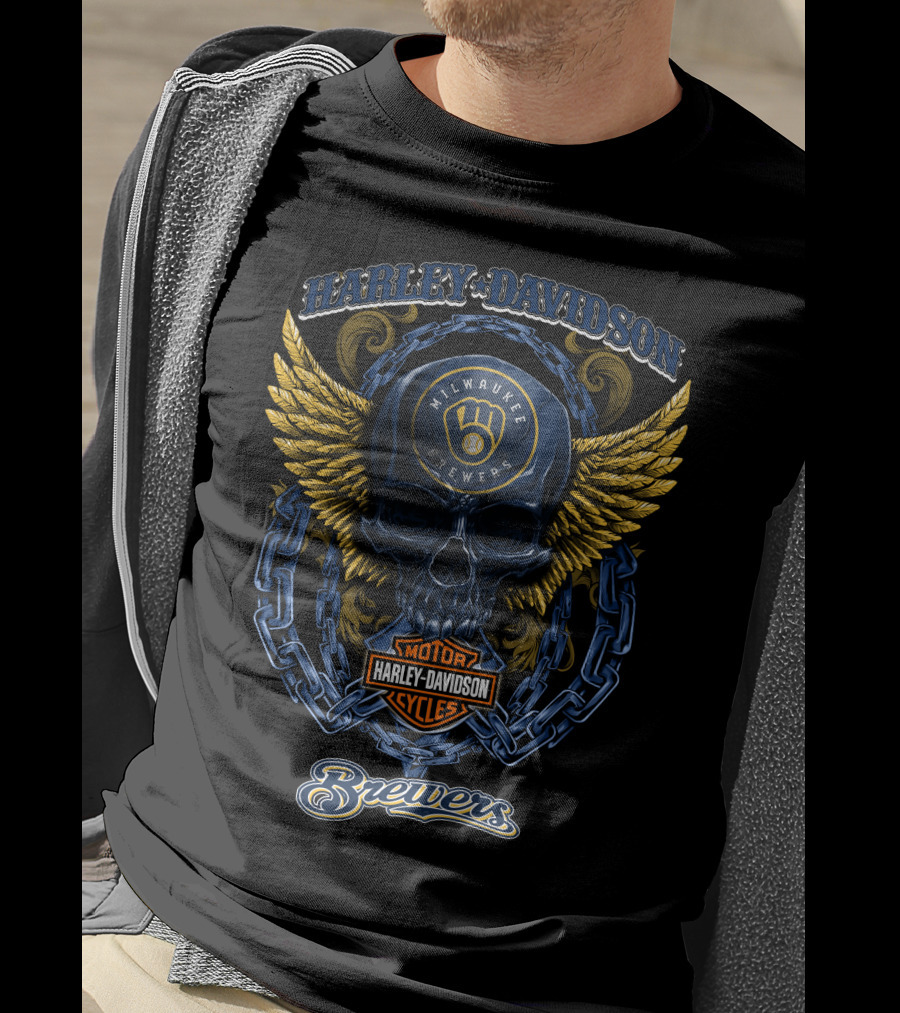 Harley Davidson Milwaukee Brewers Motor Cycles Winged Skull T-Shirt