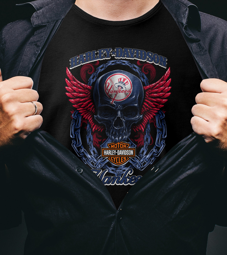 Harley Davidson Yankees Skull With Wings And Chains T-Shirt