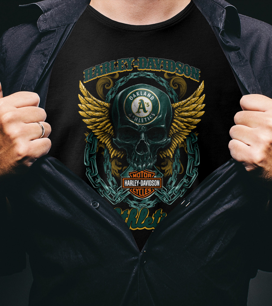Harley Davidson Motorcycles Oakland Athletics Skull With Chains And Wings T-Shirt