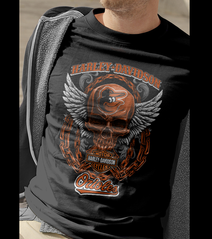 Harley Davidson Wings Skull With Baltimore Orioles Logo And Chain Elements T-Shirt