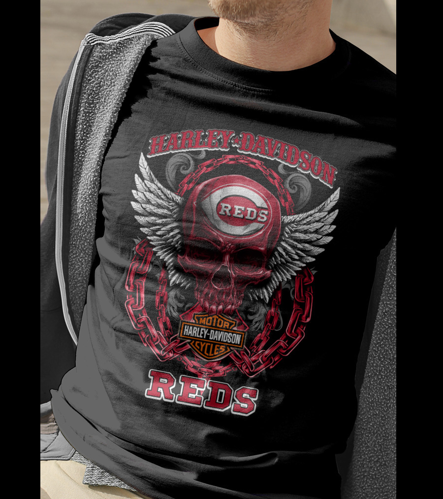 Harley Davidson Cincinnati Reds Skull Wings Chain T-Shirt