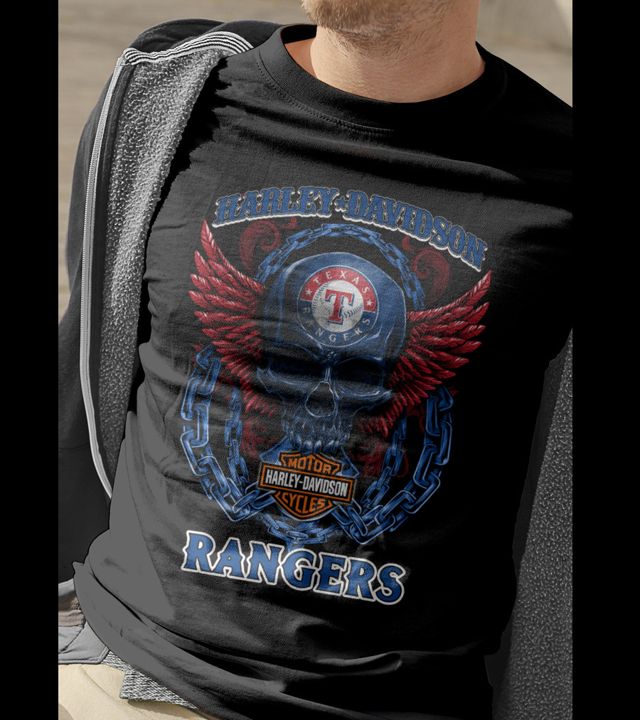 Harley Davidson Texas Rangers Skull Wings Chains T-Shirt