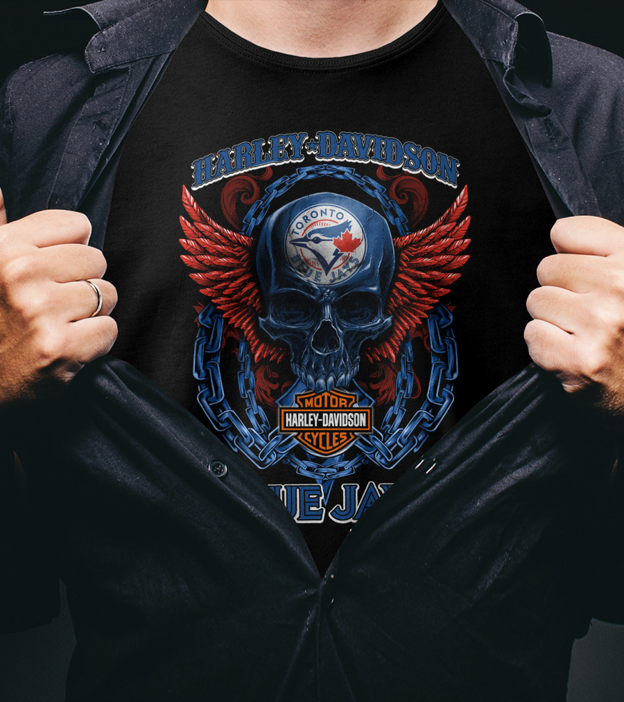 Harley Davidson Toronto Blue Jays Motor Cycles Skull Wings T-Shirt