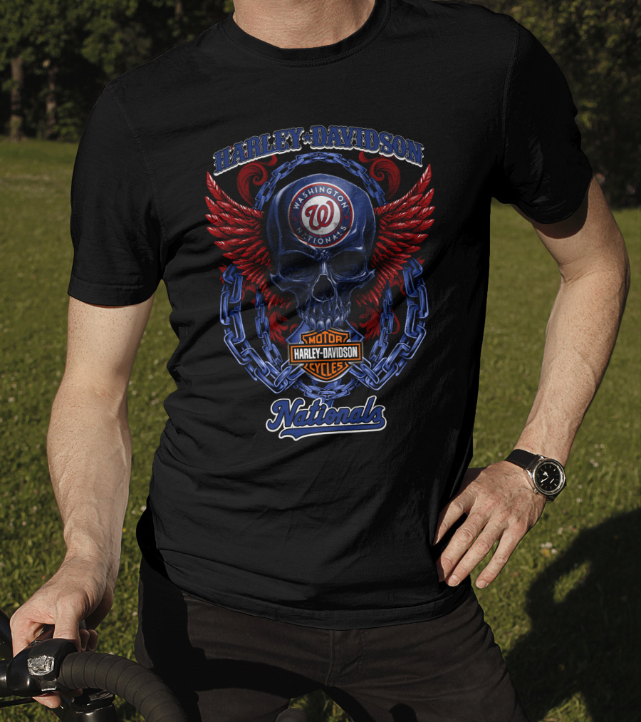 Harley Davidson Washington Nationals Motor Cycles Skull Wings T-Shirt