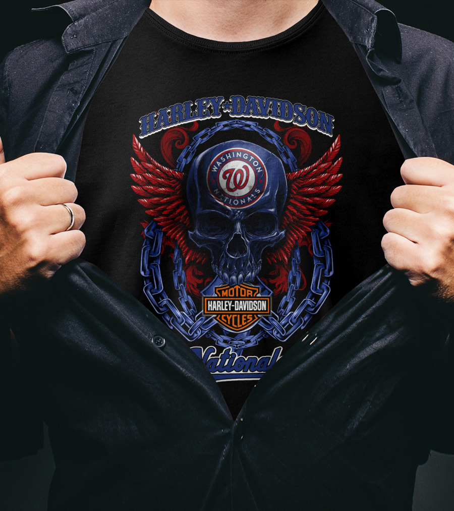 Harley Davidson Washington Nationals Motor Cycles Skull Wings T-Shirt