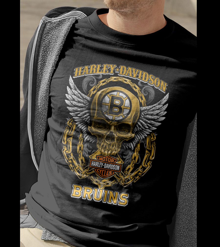 Harley Davidson Motorcycles Bruins Nhl Boston Bruins Skull Winged T-Shirt