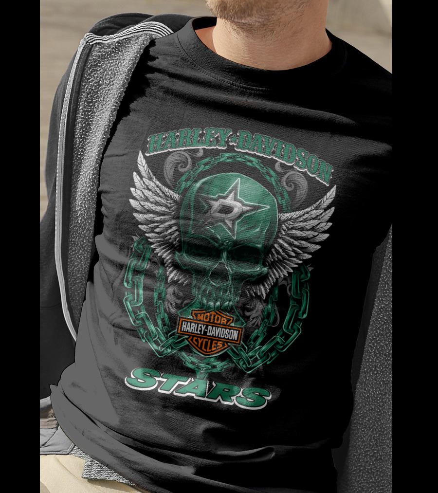 Harley Davidson Motorcycles Dallas Stars Nhl Winged Skull Chain T-Shirt