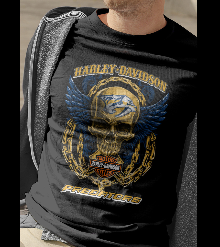 Harley Davidson Motor Cycles Nashville Predators Skull And Chains T-Shirt