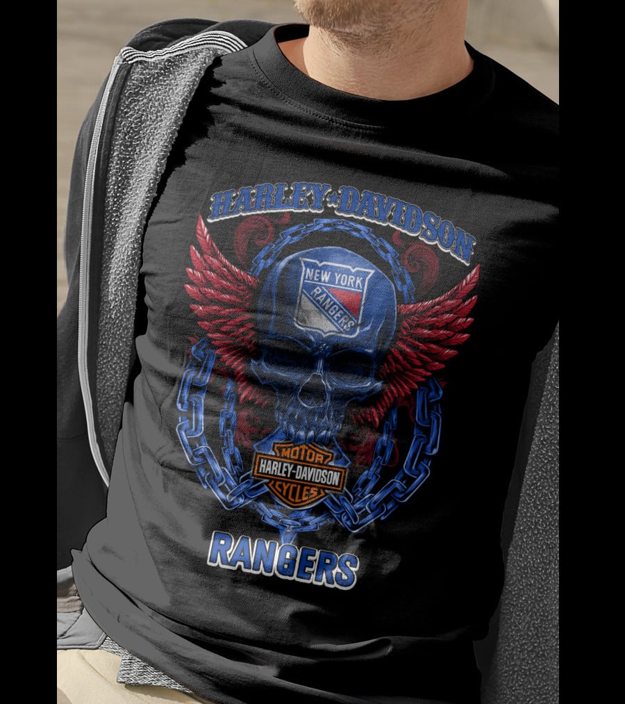 Harley Davidson New York Rangers Skull With Wings And Chain T-Shirt