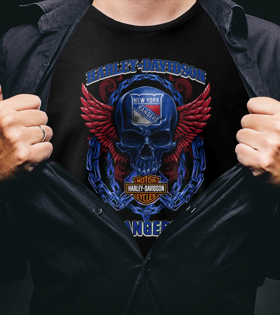 Harley Davidson New York Rangers Skull With Wings And Chain T-Shirt