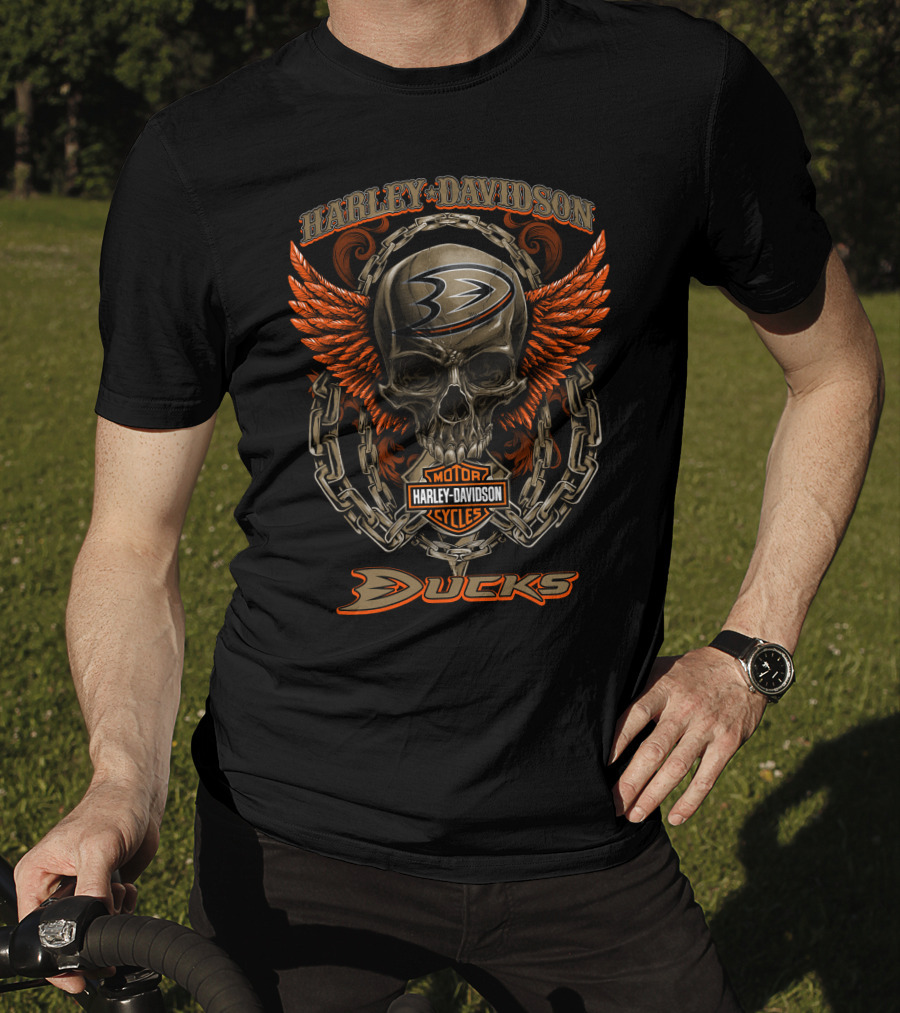 Harley Davidson Anaheim Ducks Nhl Skull Chains Wings T-Shirt