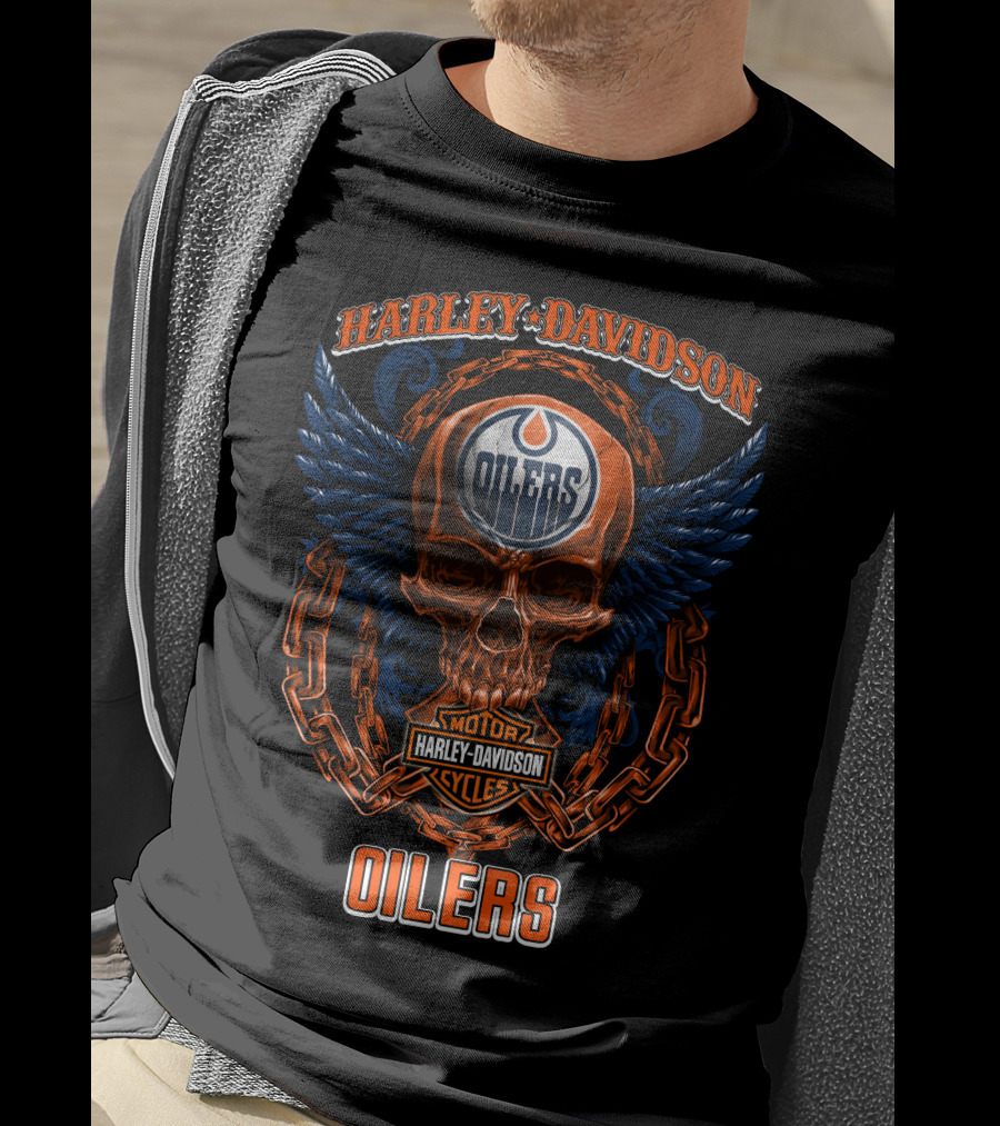 Harley Davidson Nhl Edmonton Oilers Skull And Wings T-Shirt