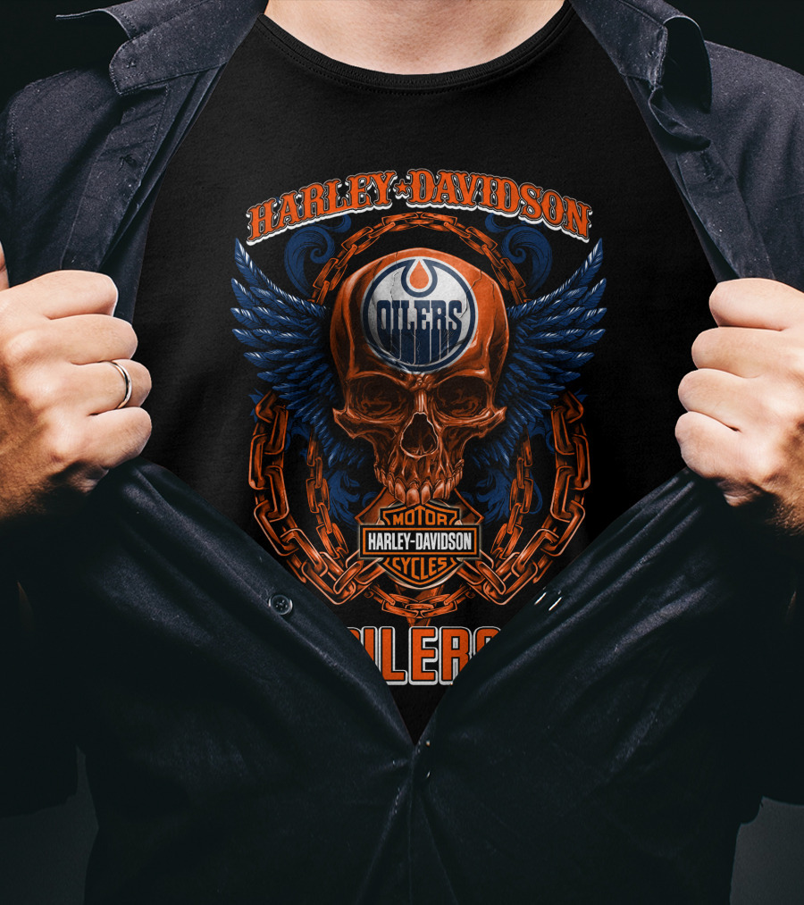 Harley Davidson Nhl Edmonton Oilers Skull And Wings T-Shirt