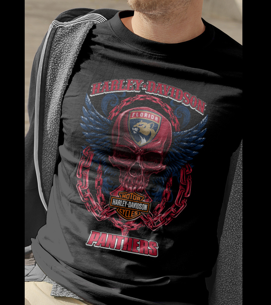 Harley Davidson Florida Panthers Motorcycles Nhl Winged Skull T-Shirt