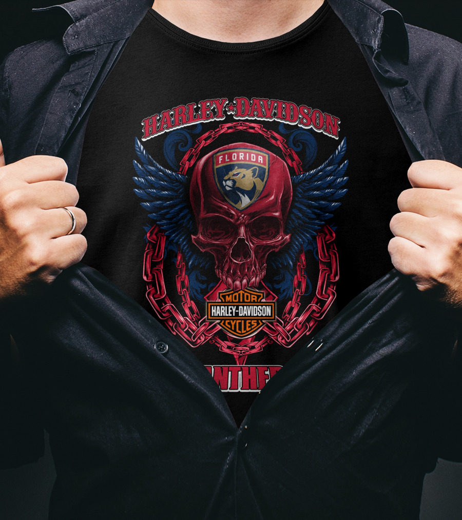 Harley Davidson Florida Panthers Motorcycles Nhl Winged Skull T-Shirt
