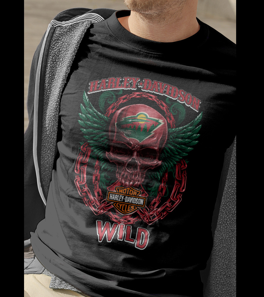 Harley Davidson Motorcycles Nhl Minnesota Wild Skull Wings Chain T-Shirt