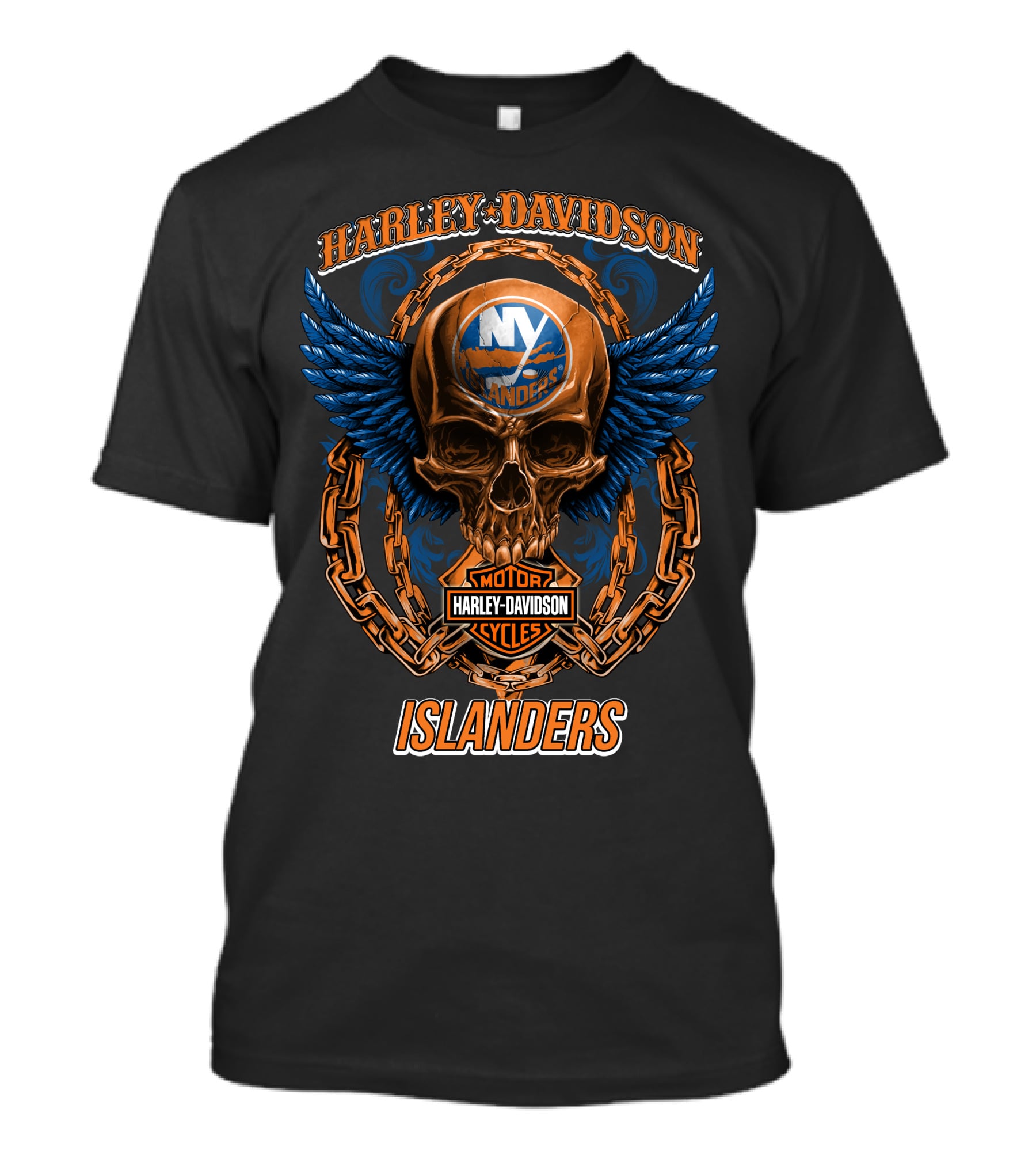 Harley Davidson Motor Cycles Islanders Skull Wings Chain Nhl New York Islanders T-Shirt