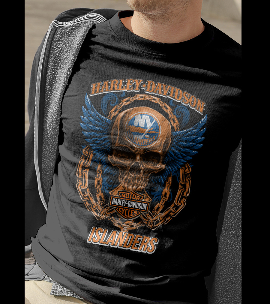 Harley Davidson Motor Cycles Islanders Skull Wings Chain Nhl New York Islanders T-Shirt