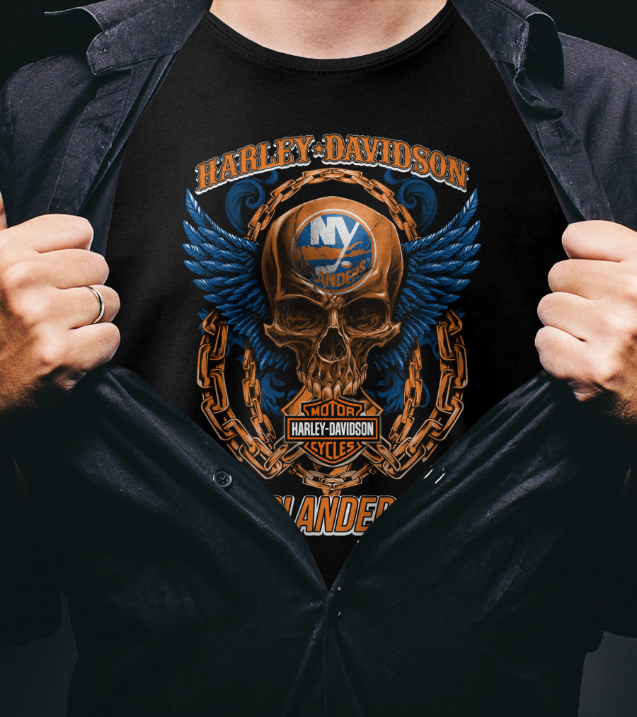 Harley Davidson Motor Cycles Islanders Skull Wings Chain Nhl New York Islanders T-Shirt