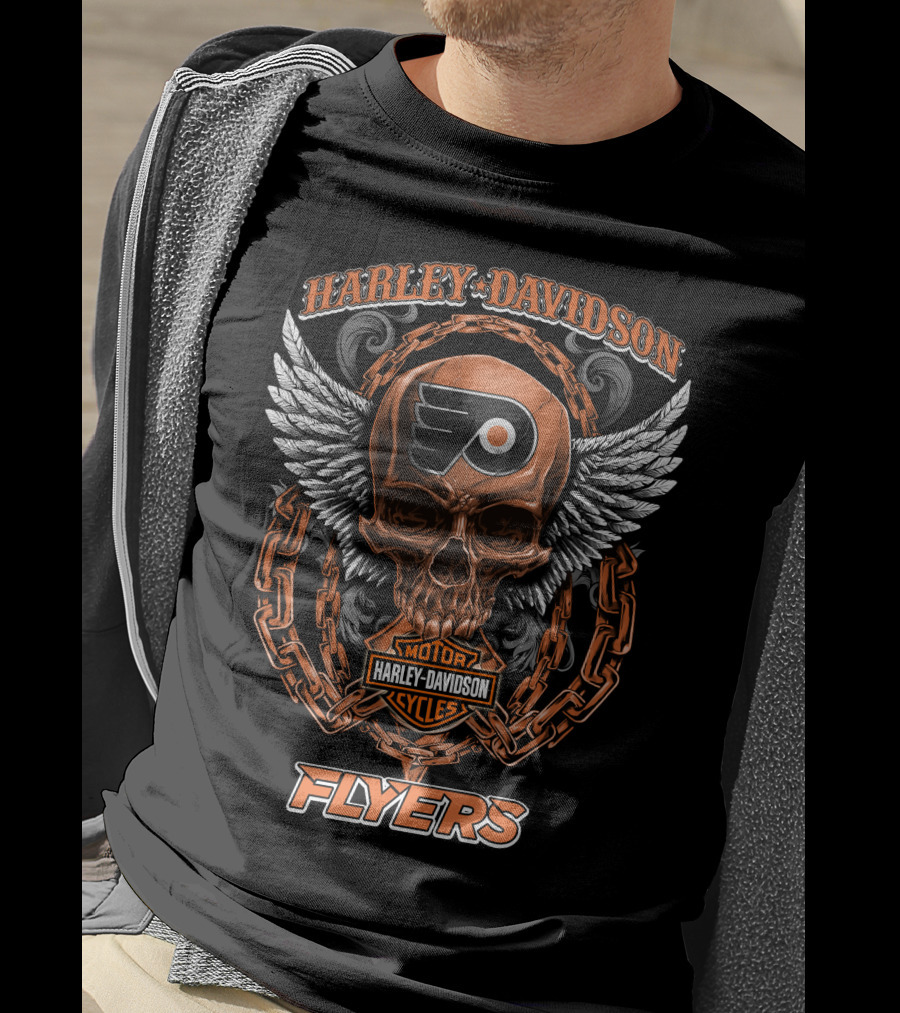 Harley Davidson Flyers Nhl Philadelphia Skull Wings Chain T-Shirt