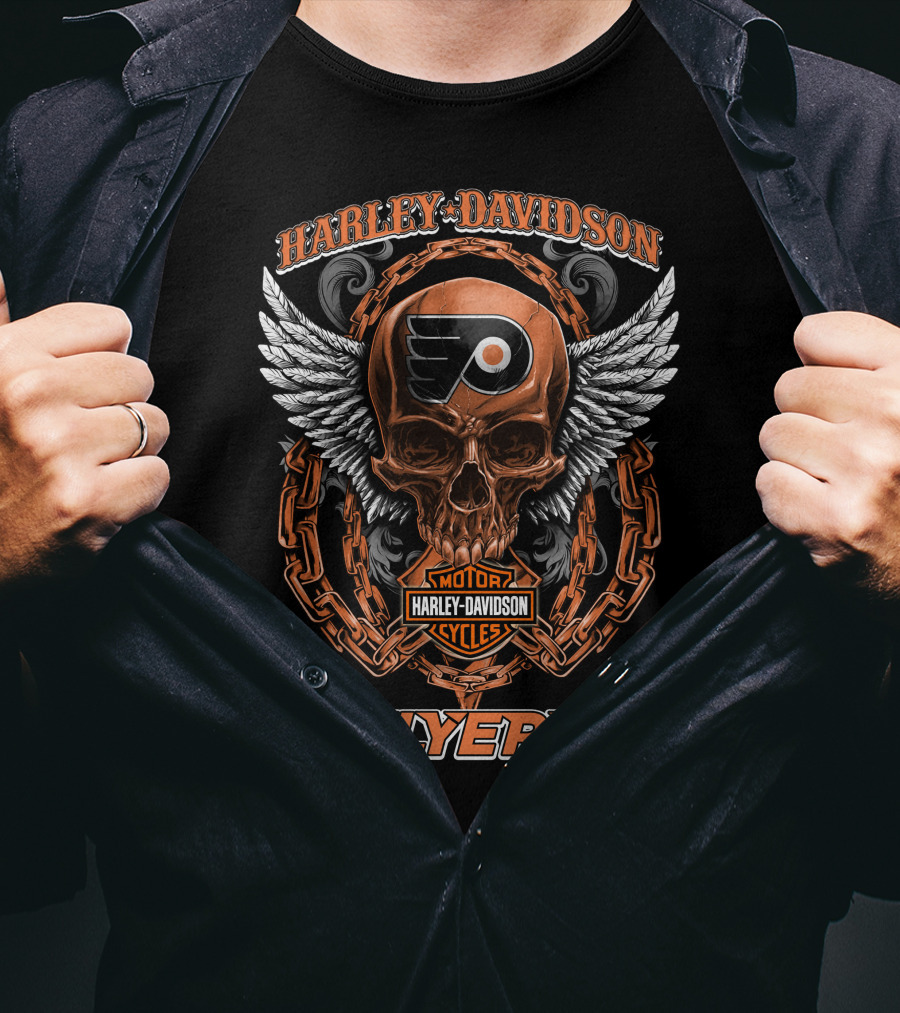 Harley Davidson Flyers Nhl Philadelphia Skull Wings Chain T-Shirt