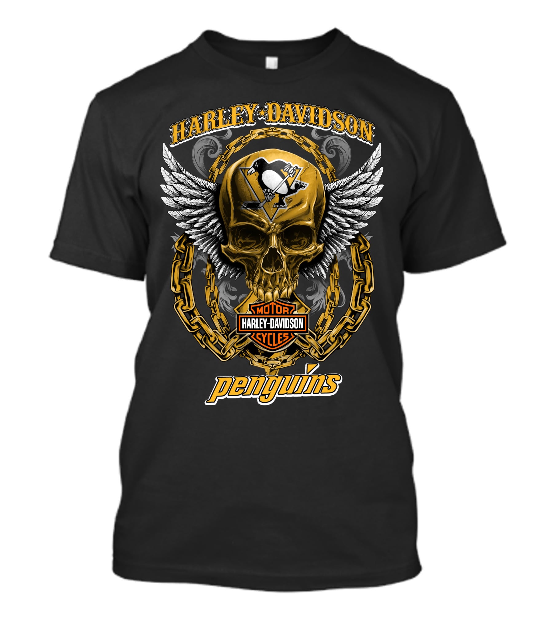 Harley Davidson Pittsburgh Penguins Nhl Skull Wings Chain T-Shirt