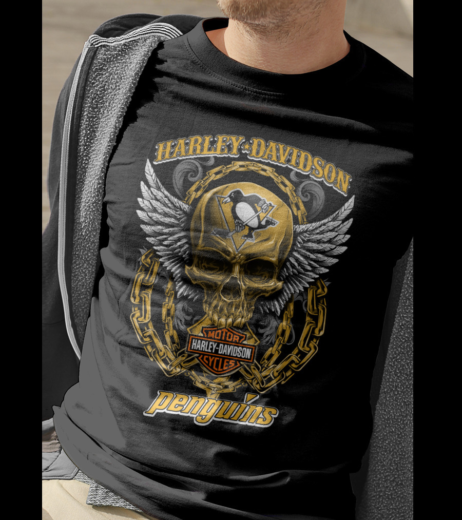 Harley Davidson Pittsburgh Penguins Nhl Skull Wings Chain T-Shirt