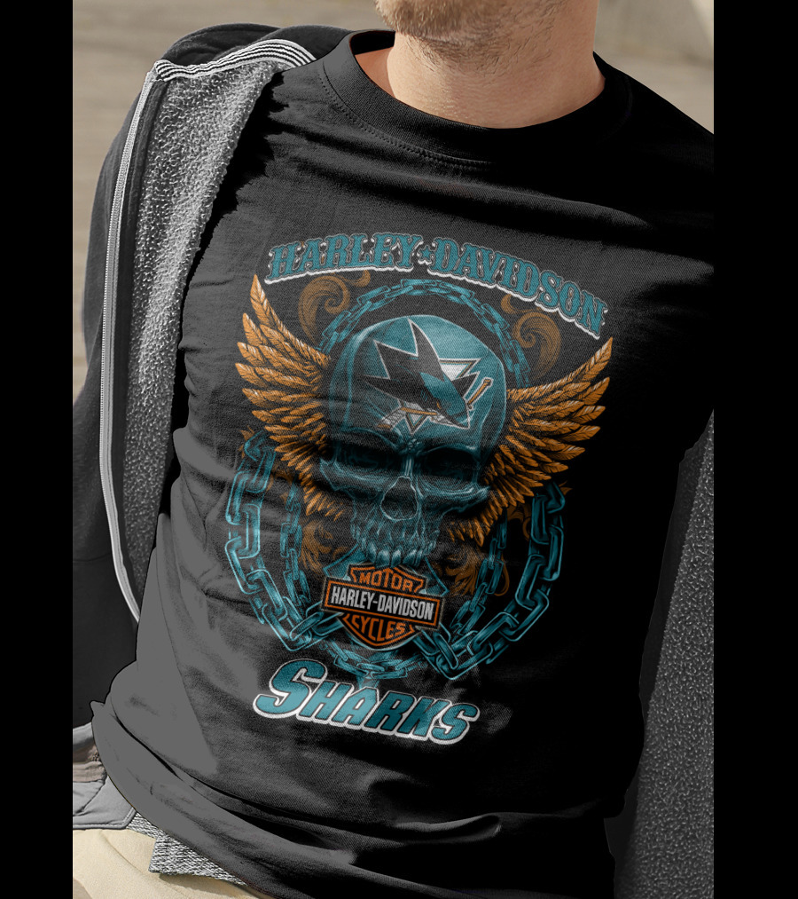 Harley Davidson San Jose Sharks Nhl Motorcycles Skull And Wings T-Shirt