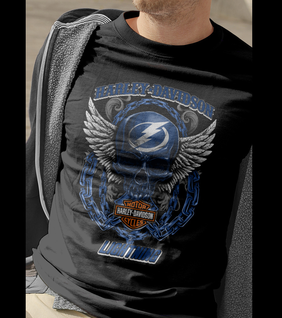 Harley Davidson Nhl Tampa Bay Lightning Skull Wings Chain T-Shirt