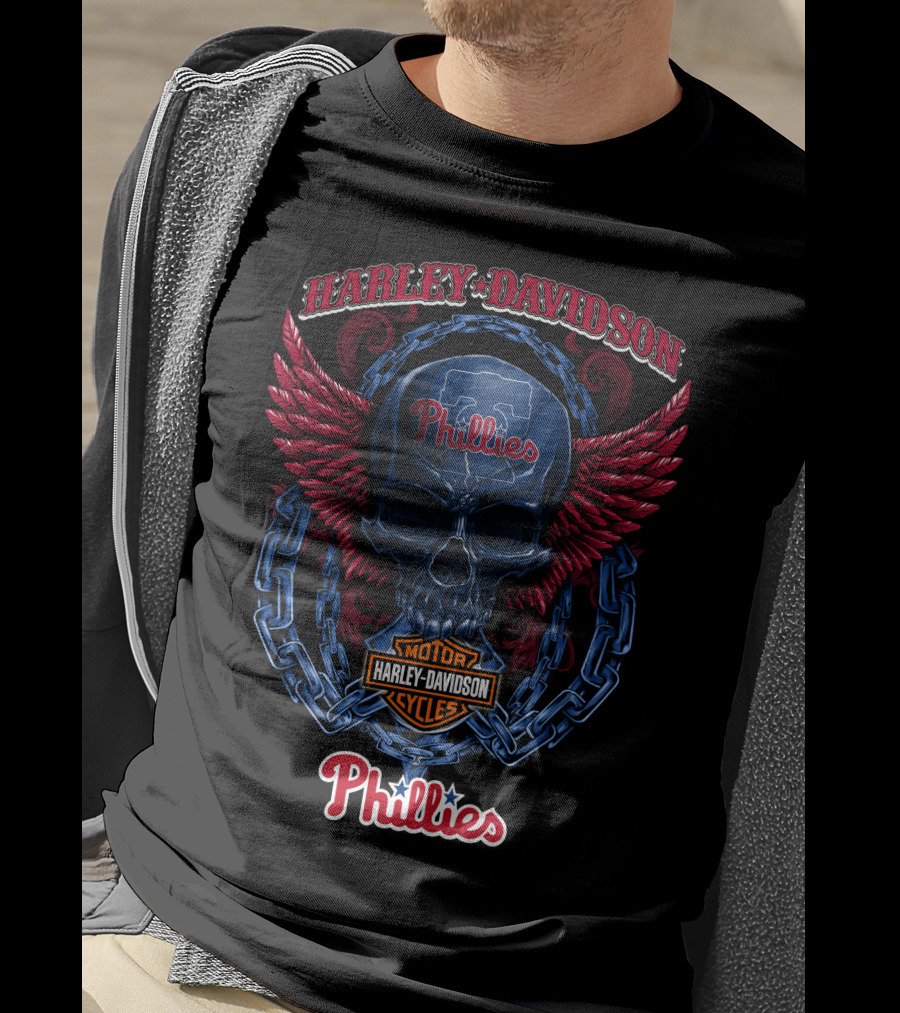Harley Davidson Phillies Skull Wings Motor Cycles T-Shirt