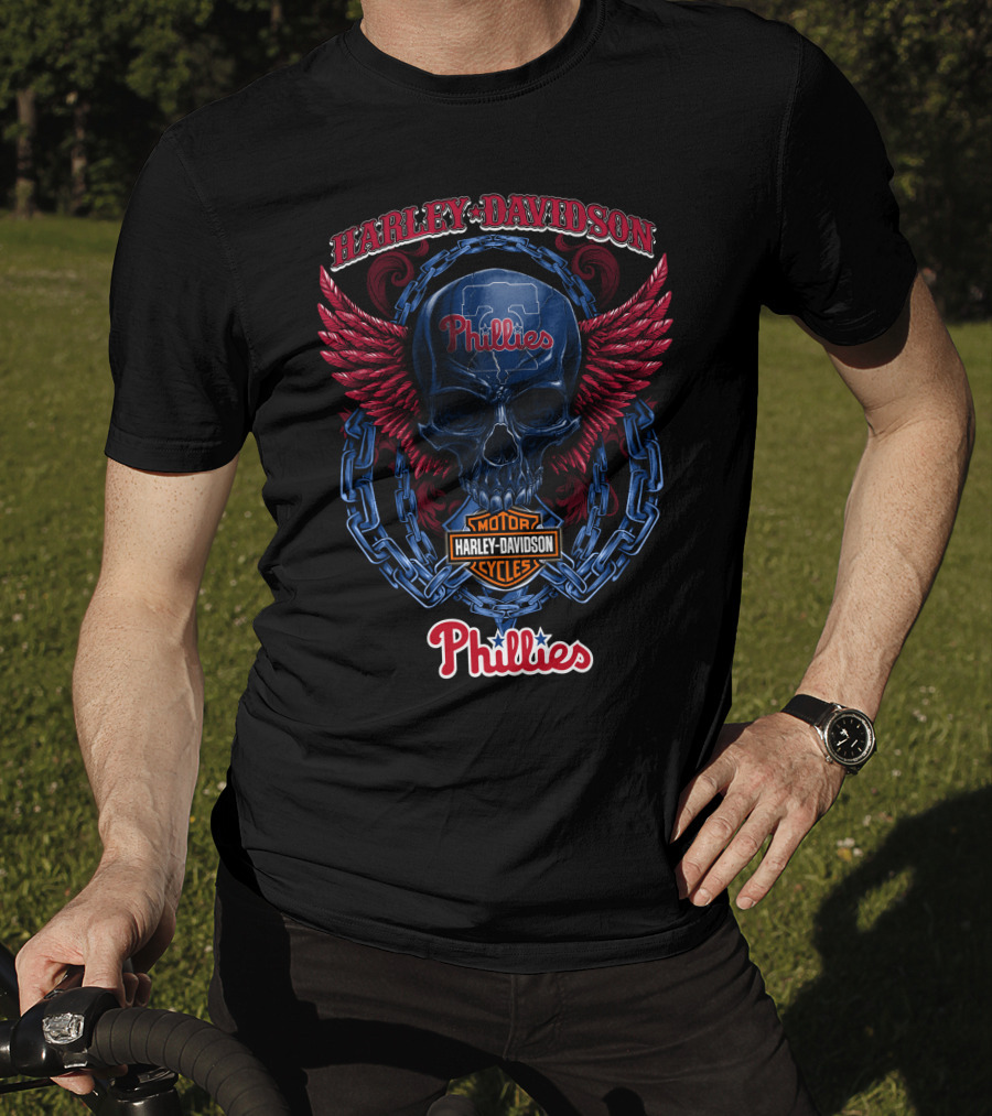 Harley Davidson Phillies Skull Wings Motor Cycles T-Shirt