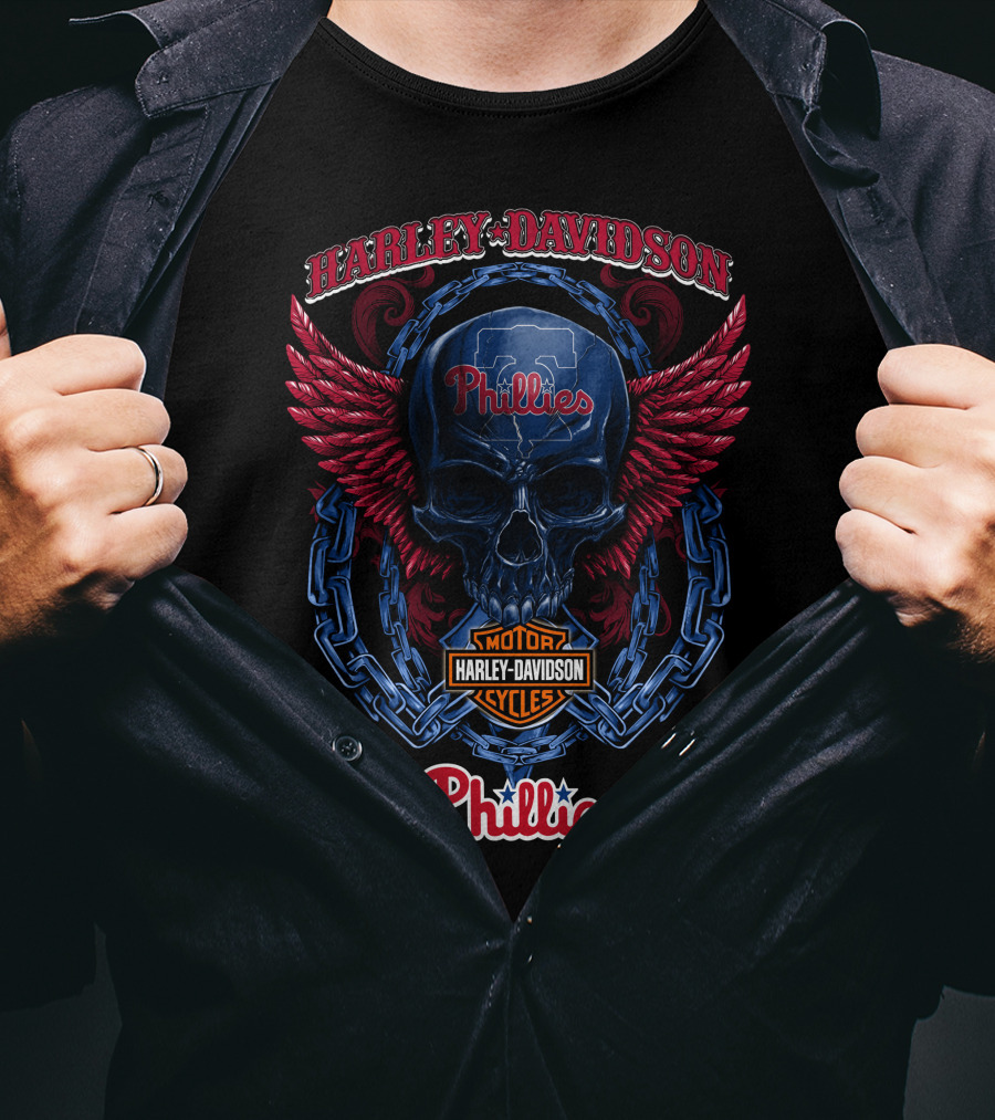 Harley Davidson Phillies Skull Wings Motor Cycles T-Shirt