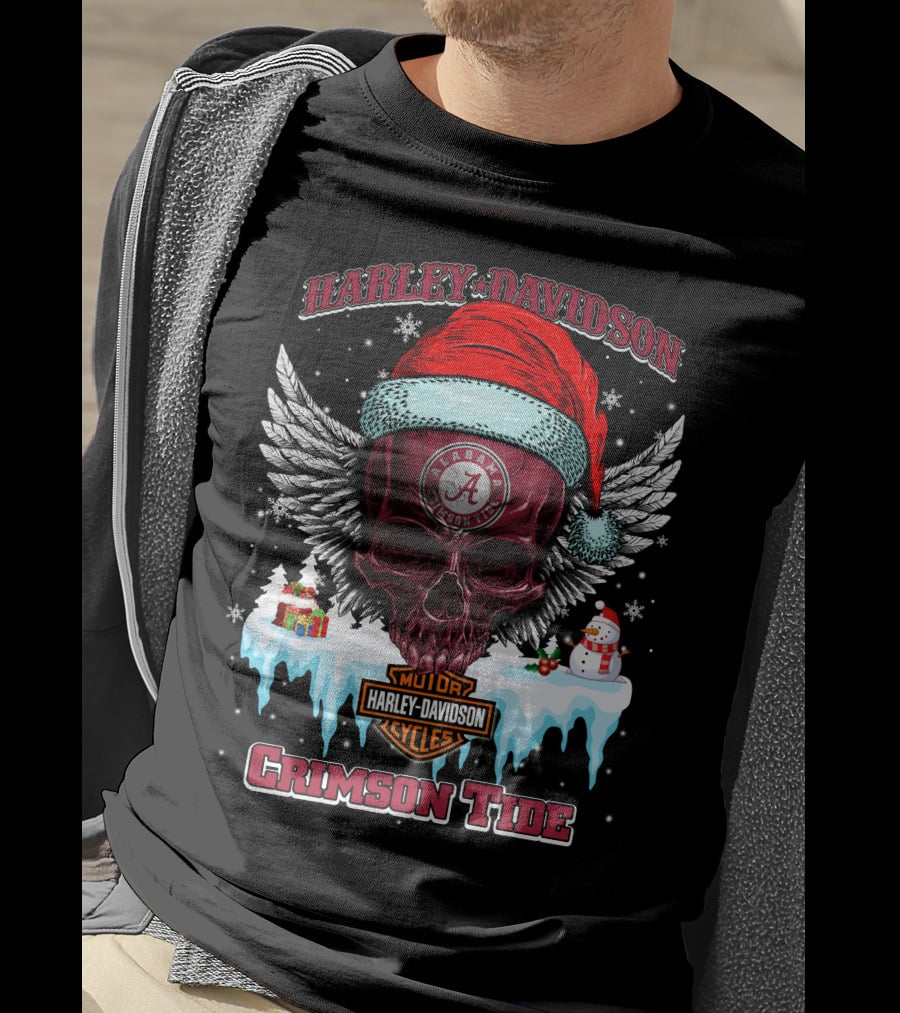 Harley Davidson Alabama Crimson Tide Christmas Skull Wings T-Shirt