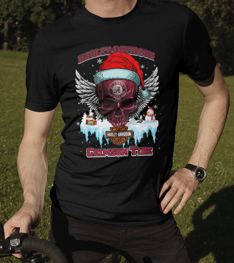 Harley Davidson Alabama Crimson Tide Christmas Skull Wings T-Shirt
