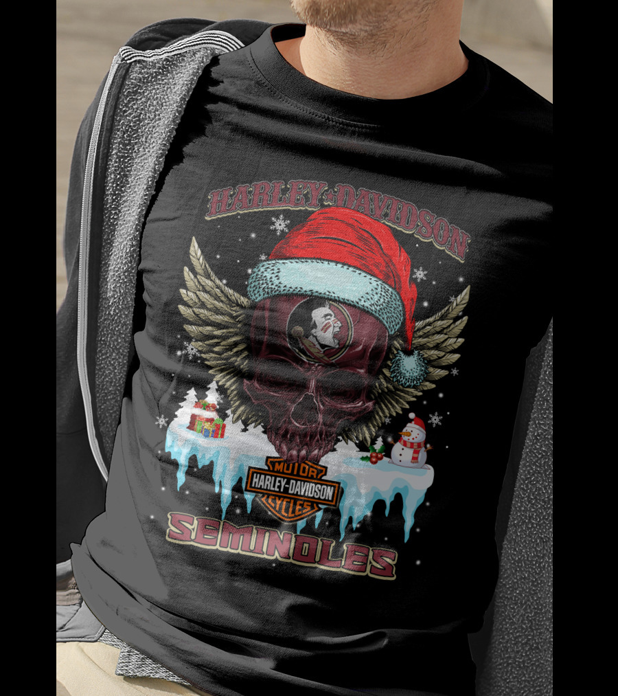 Harley Davidson Seminoles Christmas Skull With Wings And Santa Hat T-Shirt