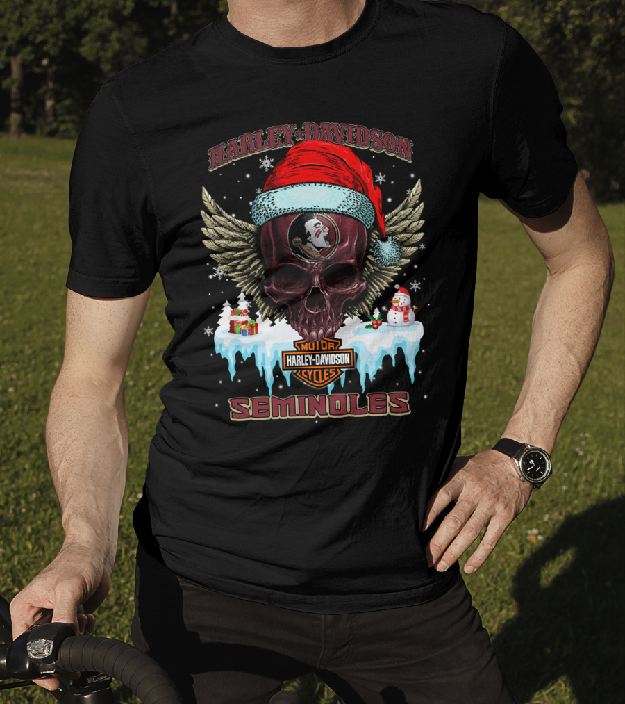 Harley Davidson Seminoles Christmas Skull With Wings And Santa Hat T-Shirt