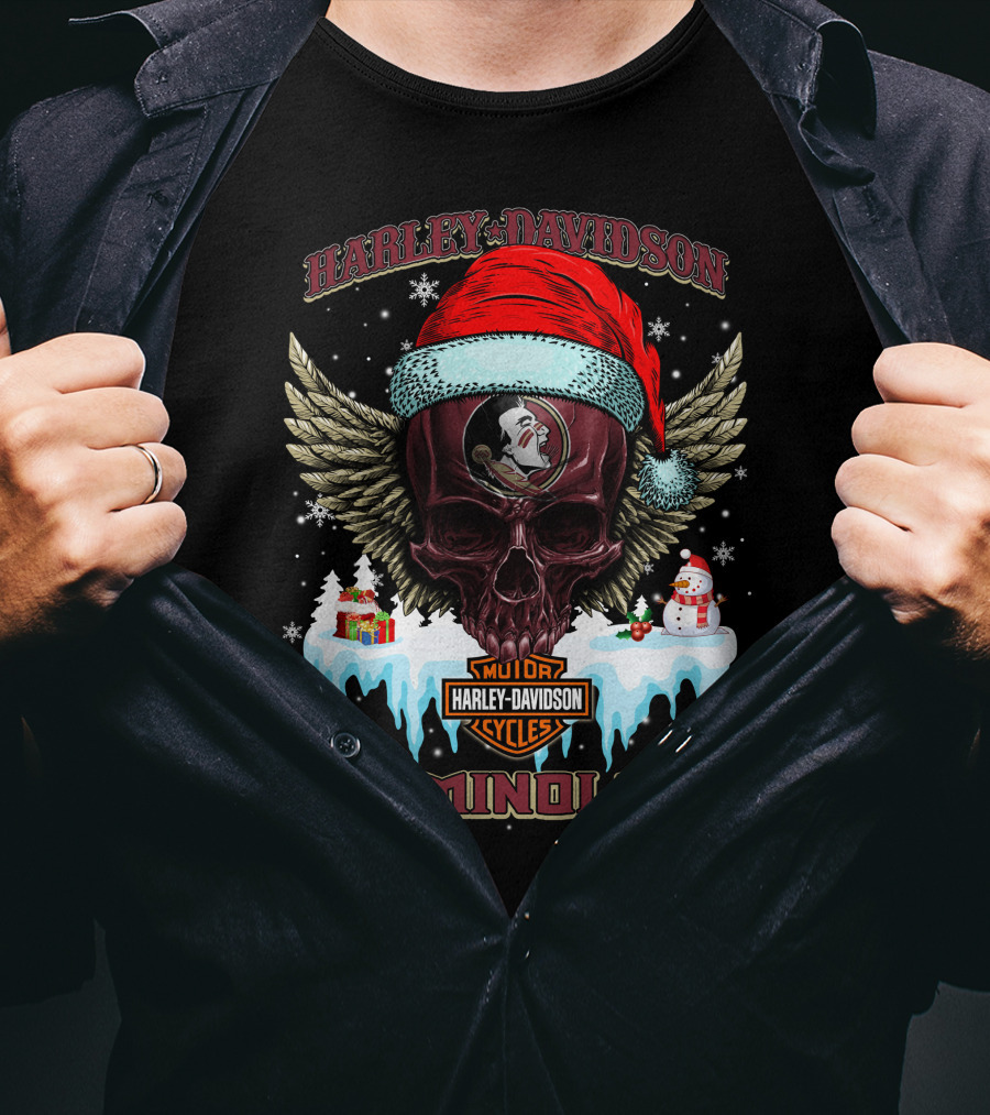 Harley Davidson Seminoles Christmas Skull With Wings And Santa Hat T-Shirt