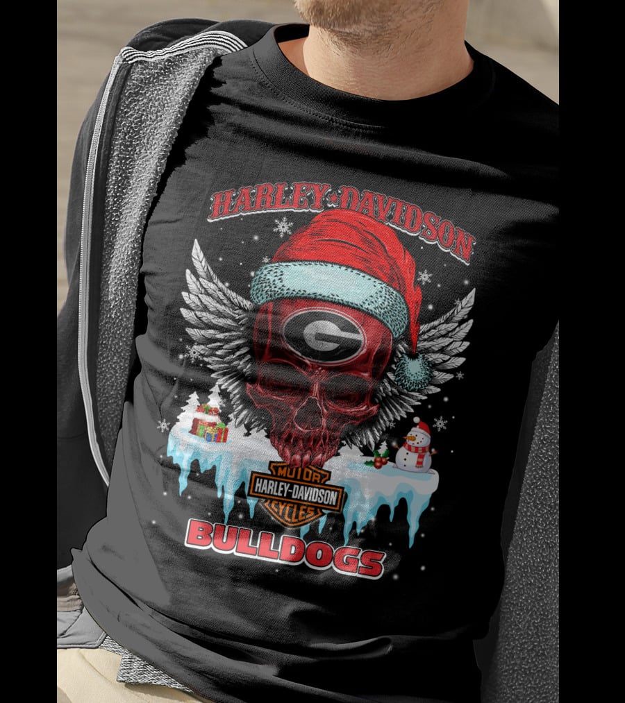Harley Davidson Georgia Bulldogs Christmas Skull With Santa Hat T-Shirt