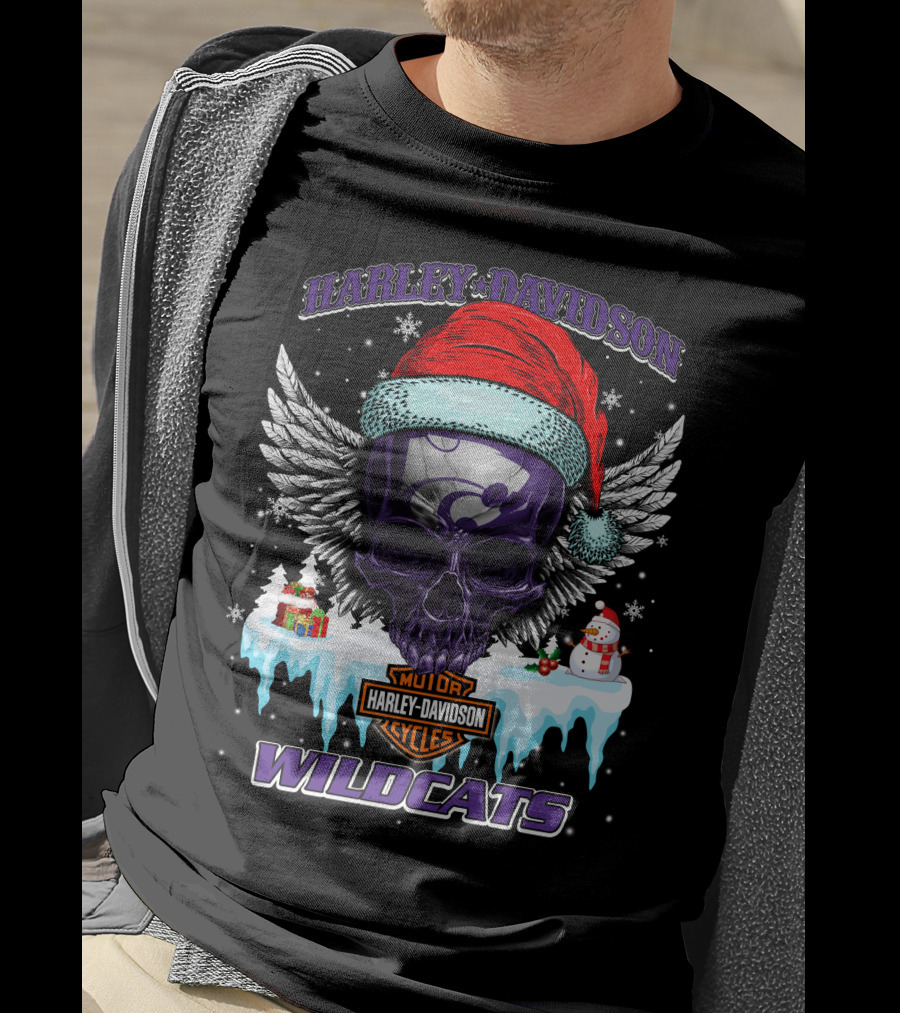 Harley Davidson Kansas State Wildcats Christmas Skull Wings T-Shirt