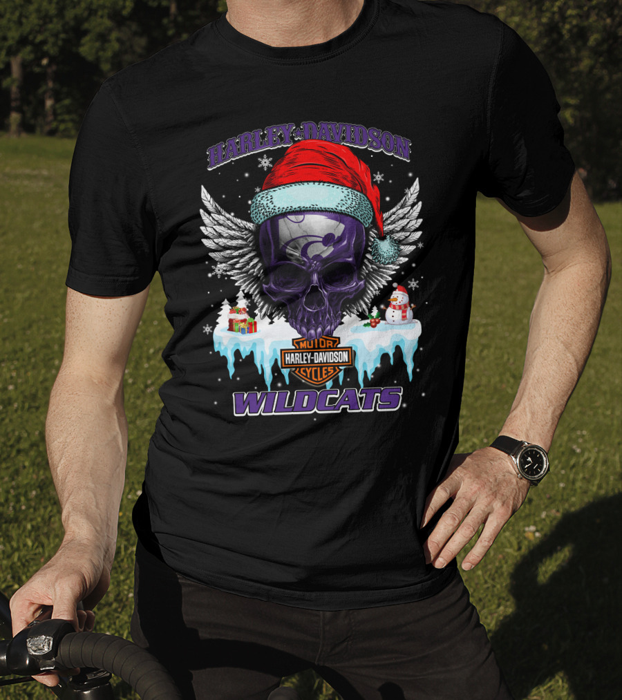 Harley Davidson Kansas State Wildcats Christmas Skull Wings T-Shirt